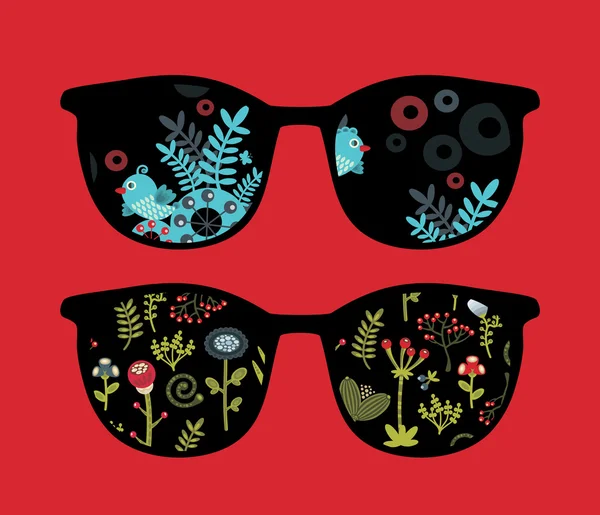 Retro sunglasses with birds and nature reflection in it. — Stock Vector