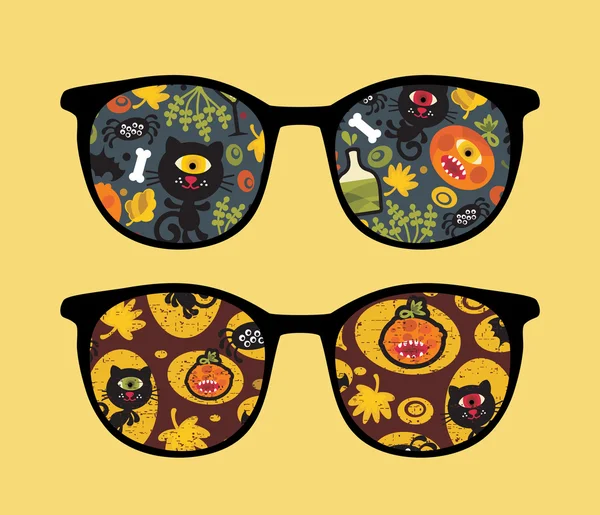 Retro sunglasses with halloween party reflection in it. — Stock Vector