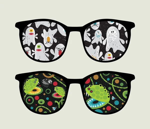 Retro-Sonnenbrille mit Gespenstern und Monstern darin. — Stockvektor