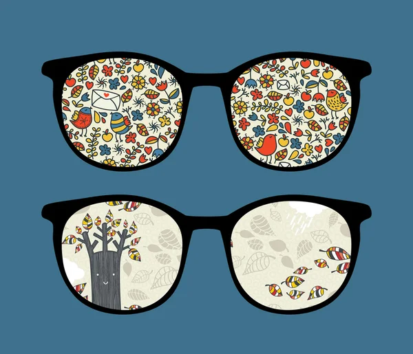 Gafas de sol retro con temporadas de reflexión de la naturaleza en ella . — Vector de stock