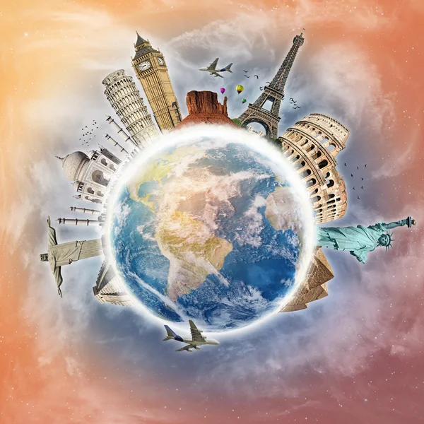 Reizen de wereld wolken vliegtuig concept — Stockfoto