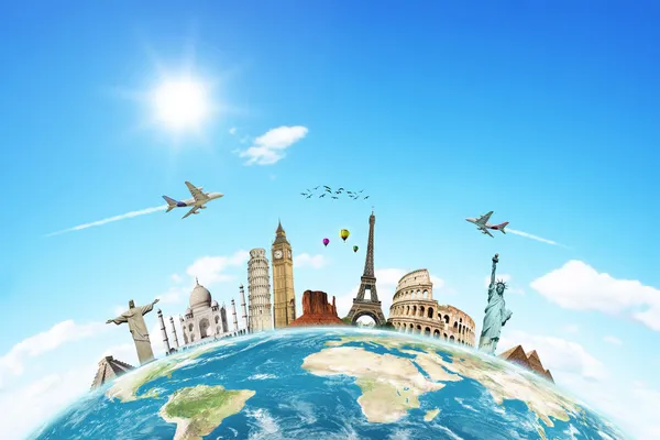 Reise um die Welt Wolken Flugzeug-Konzept Stockbild