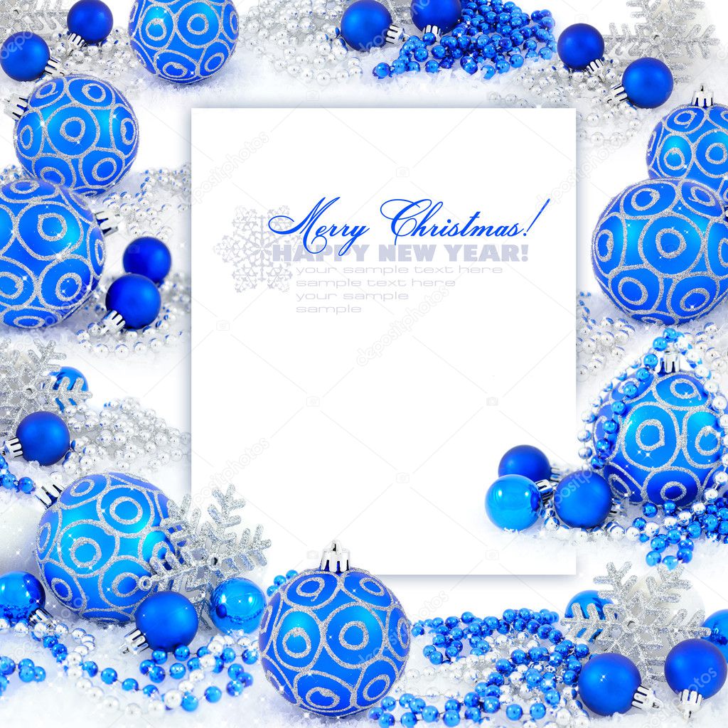 Frame with christmas compositions is with blue balls and space f