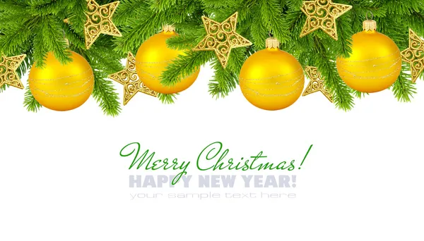 Oro adorno de Navidad bolas y pino sobre fondo blanco w —  Fotos de Stock