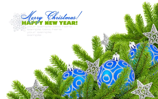 Blue and silver christmas decoration baubles and pine on white b — Stock Photo, Image