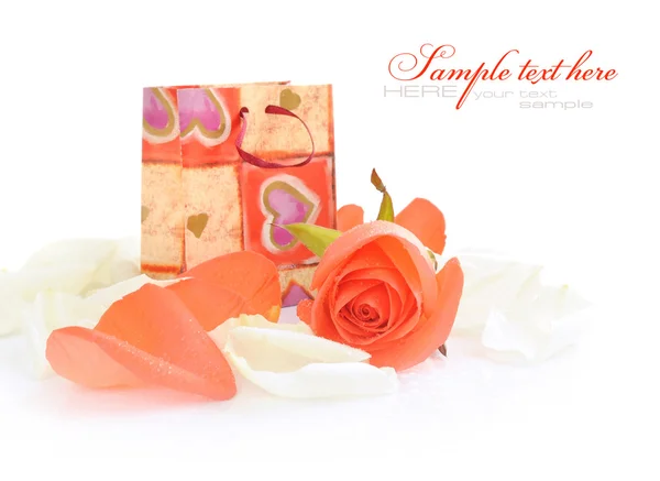 Little gift bag with rose on a white background — Stock Photo, Image