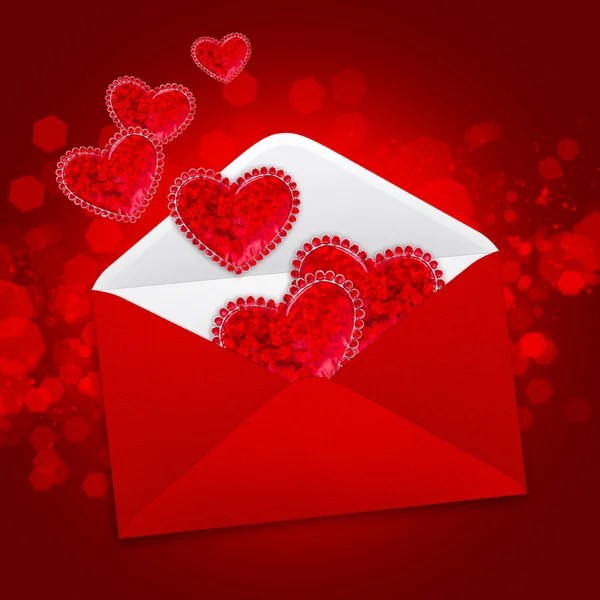 Dekorative Herzen befinden sich in einem roten Briefumschlag auf einem festlichen Rücken — Stockfoto