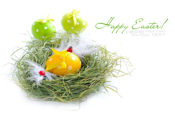 Barevné velikonoční vajíčka a hnízdo na bílém pozadí — Stock fotografie