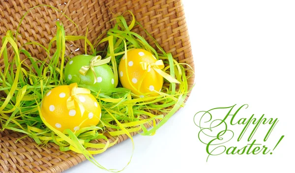The colored easter eggs are in a trug — Stock Photo, Image