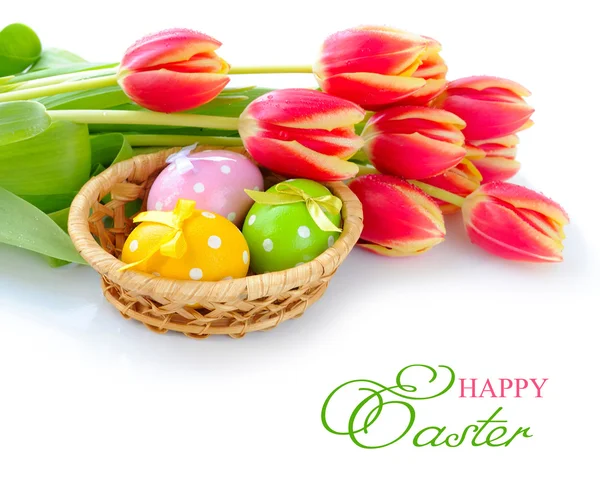 Huevos de Pascua en cesta y ramo de tulipanes están en fondo blanco — Foto de Stock