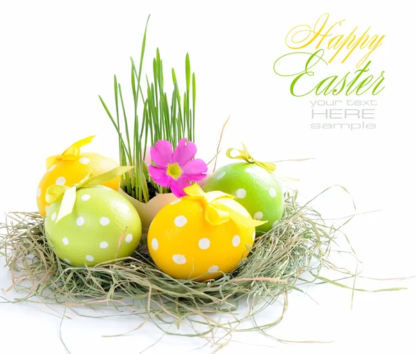 Πασχαλινά αυγά και τα πράσινα λάχανα είναι σε μια φωλιά σε λευκό φόντο — Φωτογραφία Αρχείου