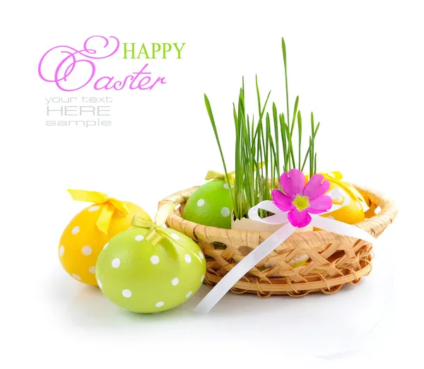 Ovos de Páscoa e brotos verdes estão em uma cesta em um fundo branco — Fotografia de Stock