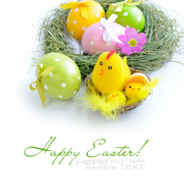 Easter eggs and nest with a hen and chickens on white background — Stock Photo, Image