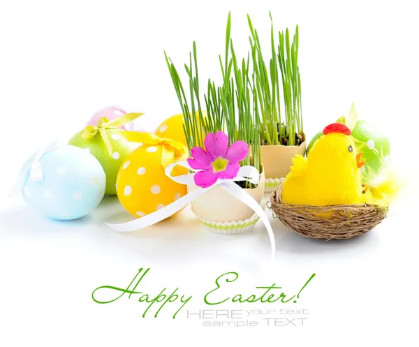 Easter eggs and green sprouts on a white background — Stock Photo, Image