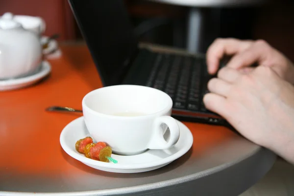 stock image Cap of tea and netbook