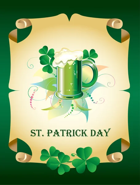 Patrick card with beer and clover — Stock Vector