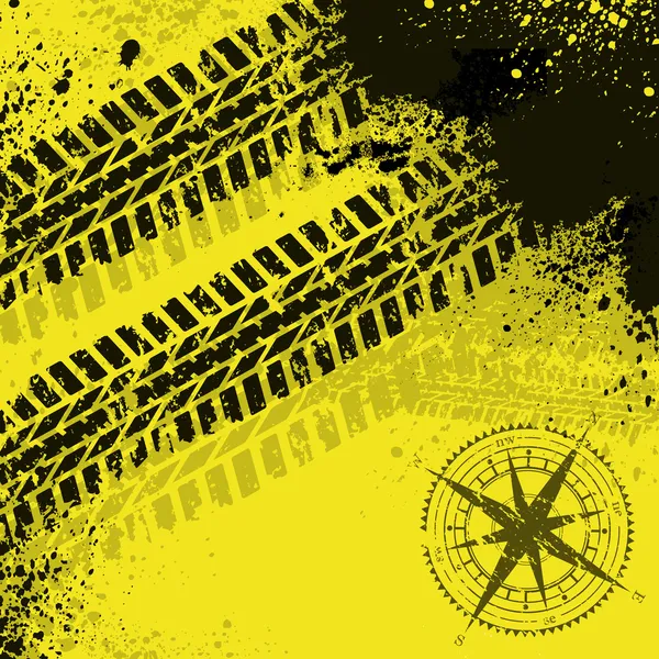 Gelbe Reifenspuren mit Windrose — Stockvektor