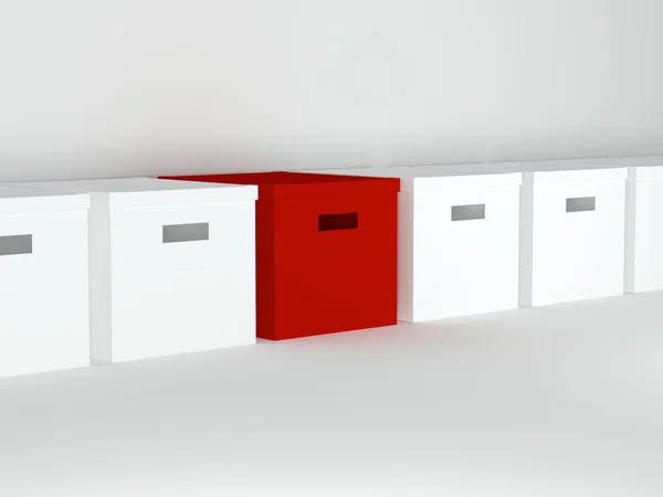 Уникальная красная коробка подряд с другими коробками — стоковое фото