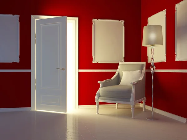 Klassisch rotes Interieur, Luxuswohnung mit klassischem Sessel und — Stockfoto