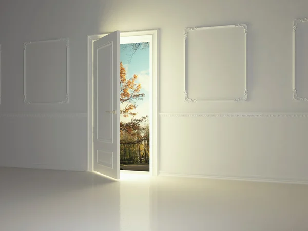 Пустой классический номер с открытой дверью и прекрасным видом на па — стоковое фото