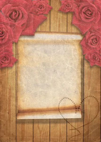 Aged vintage wedding background with red roses. — Stock Photo, Image