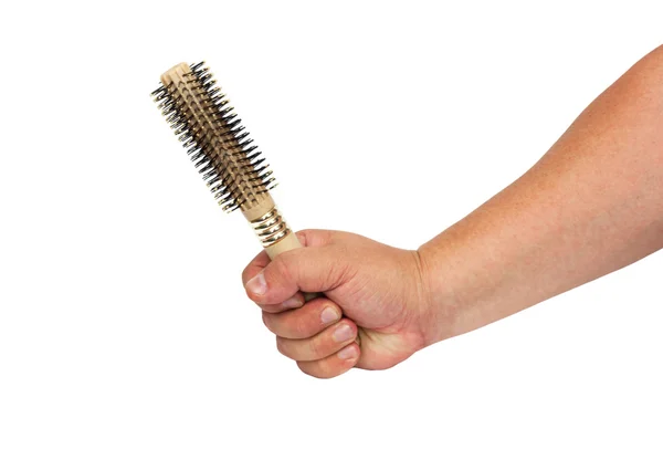 Escova de cabelo térmica na mão isolada sobre fundo branco — Fotografia de Stock