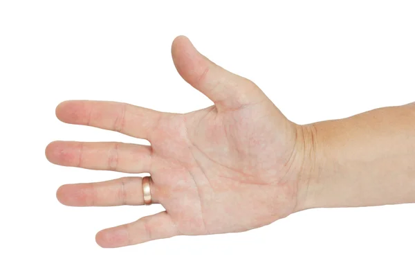 Mão com um anel de homens em um fundo branco — Fotografia de Stock