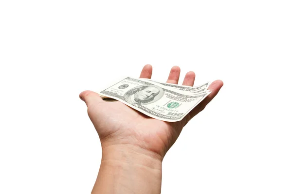 Dólares na mão de um homem sobre um fundo branco — Fotografia de Stock