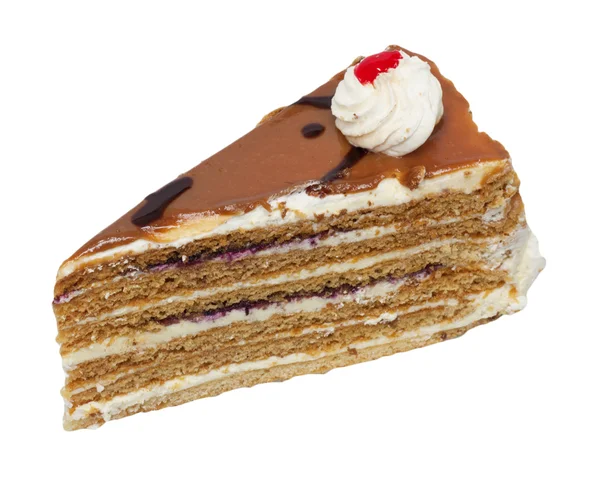 切片的白色背景上有巧克力奶油蛋糕 — 图库照片