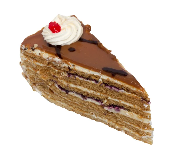 흰색 바탕에 초콜릿 크림 케이크의 슬라이스 — 스톡 사진