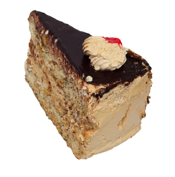 Slice of cream cake with chocolate on the white background — Stock Photo, Image