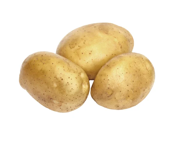 Trois pommes de terre fraîches et lavées sur fond blanc — Photo