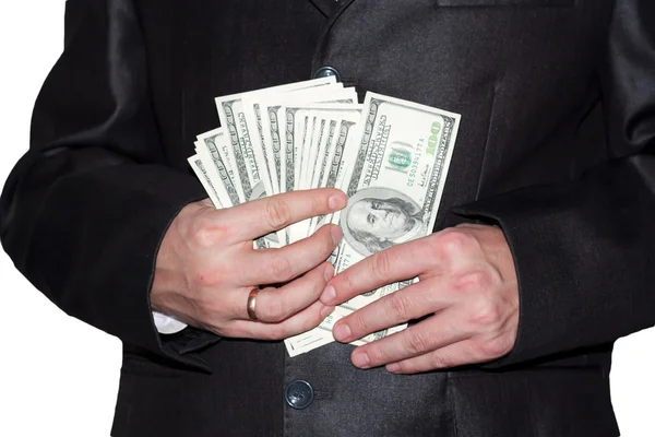 Człowiek z dolarów w kieszeni. mężczyzna coraz pieniądze na garnitur do pa — Zdjęcie stockowe