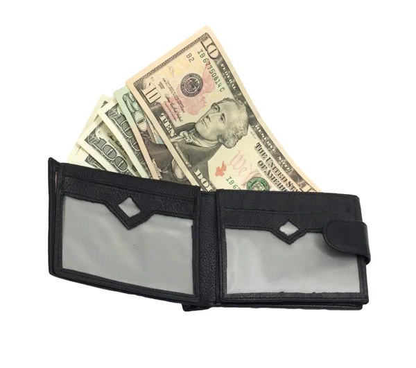 十个和数百美元的黑色皮革钱包 — 图库照片