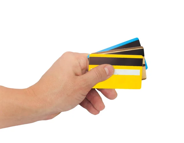 Trzy karty kredytowe w ręku — Zdjęcie stockowe