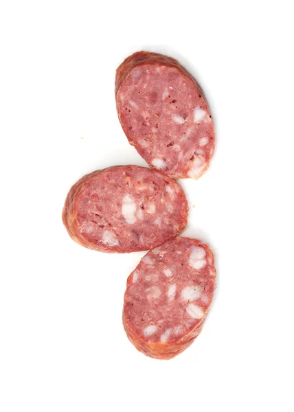 Três pedaços da salsicha no fundo branco — Fotografia de Stock