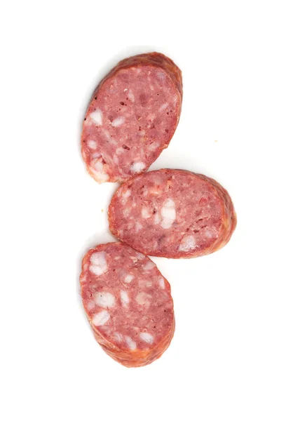 Três pedaços da salsicha no fundo branco — Fotografia de Stock