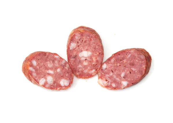 Three pieces of the sausage on white background — Stock Photo, Image