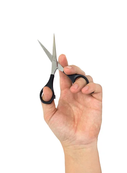 Mano con tijeras para cortar el cabello, aisladas en blanco — Foto de Stock