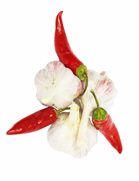 Red chili pepper with garlic on white — Stock Photo, Image