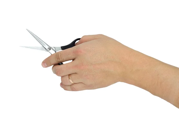 Mão com tesoura de corte de cabelo, isolada sobre branco — Fotografia de Stock