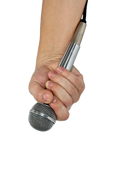 Mikrofon w dłoni izolowany na białym — Zdjęcie stockowe