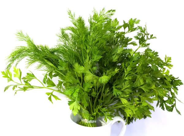 Dill and parsley at platw isolated on a white background — Stock Photo, Image