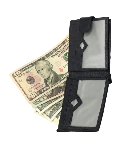 Carteira preta de couro com dez e cem dólares — Fotografia de Stock
