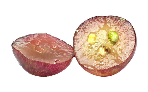 Translucent slice of red grape fruit, macro isolated on white