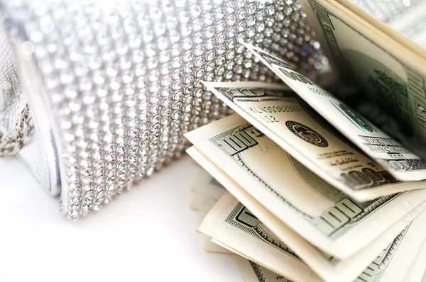 Dolarové bankovky s luxusní kabelka detail — Stock fotografie
