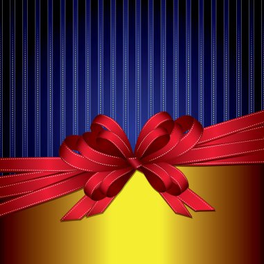 Altın ve mavi zemin üzerine kırmızı hediye şerit yay