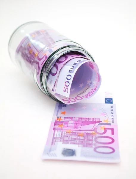 欧元纸币在罐子里的钱 — 图库照片
