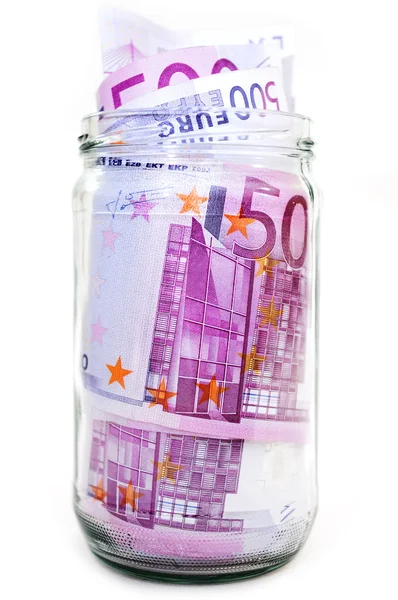 欧元纸币在罐子里的钱 — 图库照片