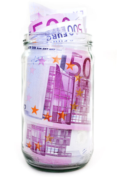 Euro banknotes in money jar